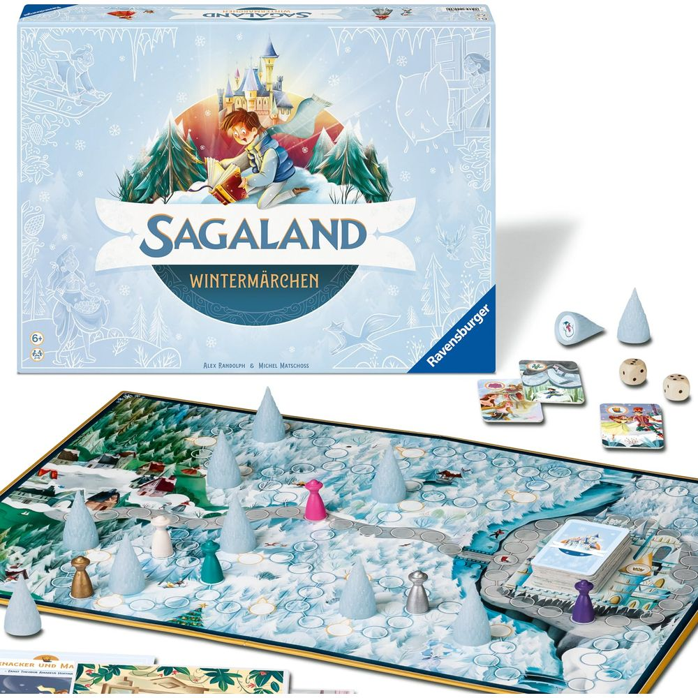 Scatola del gioco da tavolo Sagaland Wintermärchen e tabellone con figure e dadi.