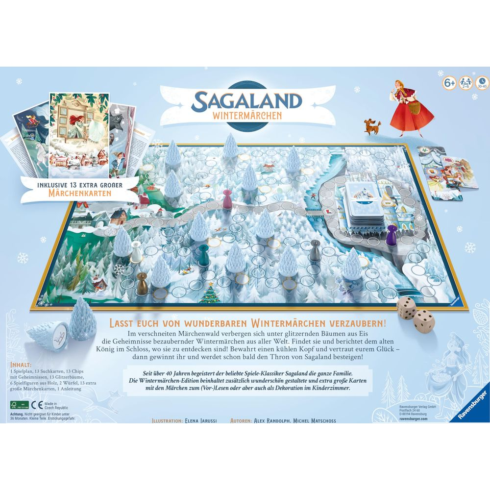 Gioco da tavolo Sagaland Fiabe Invernali con foresta innevata, carte fiabesche e pedine.