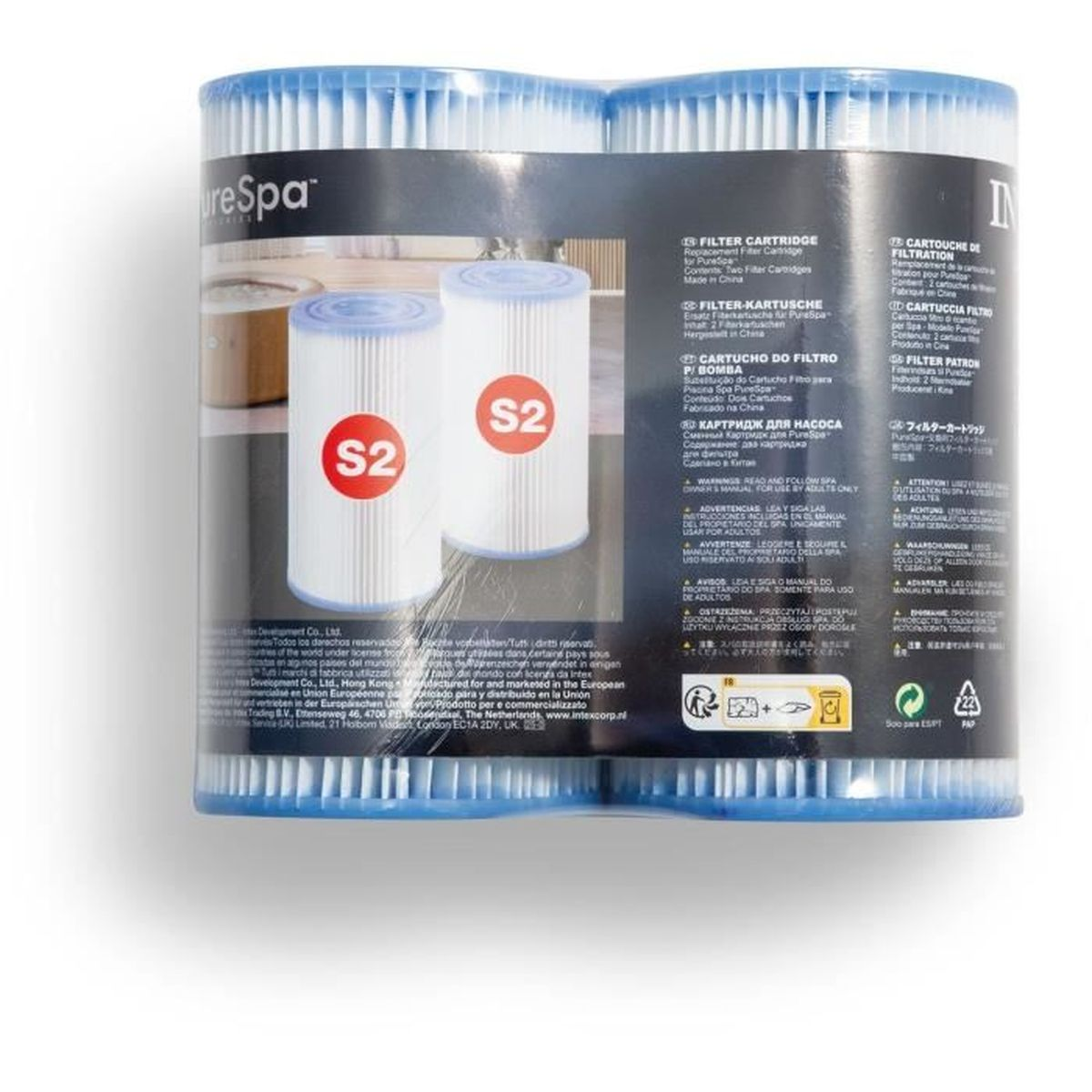 Dwa wkłady filtracyjne PureSpa S2 w opakowaniu z wielojęzycznymi instrukcjami.