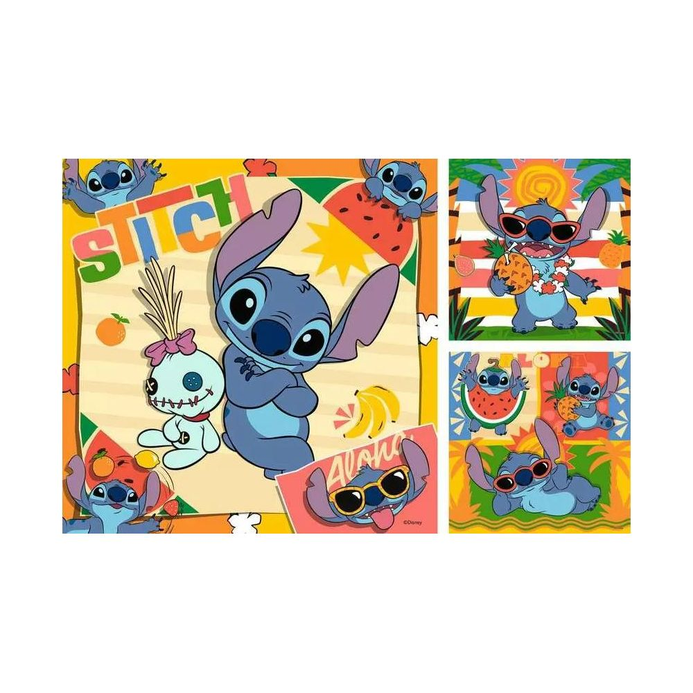 Stitch i Scrump z owocami na kolorowym tle.