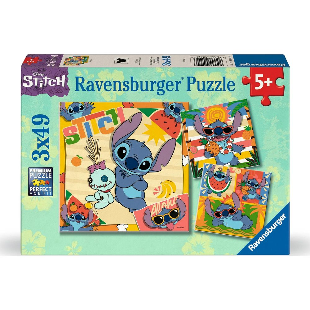 Pudełko puzzli Ravensburger Stitch, 3x49 elementów, ze Stitch i Scrump w stylu hawajskim.