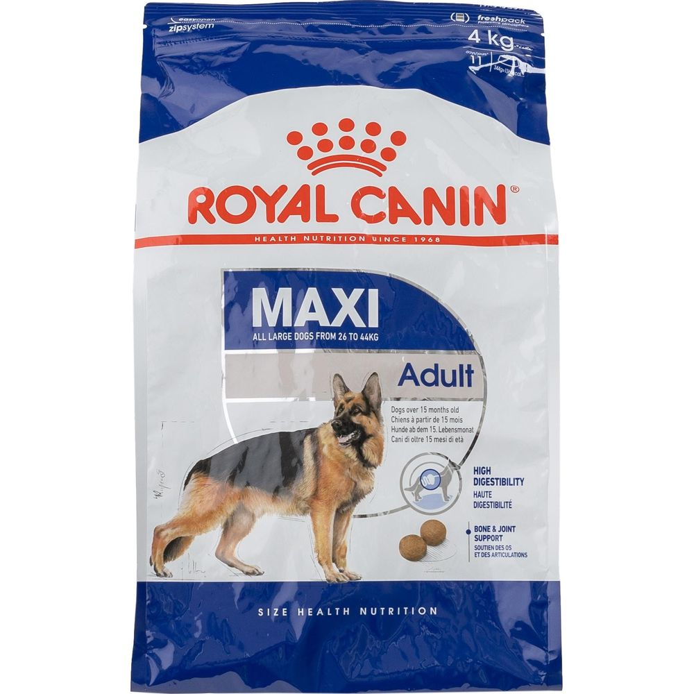 Royal Canin Maxi Adult Hundefutter-Sack mit einem Deutschen Schäferhund.