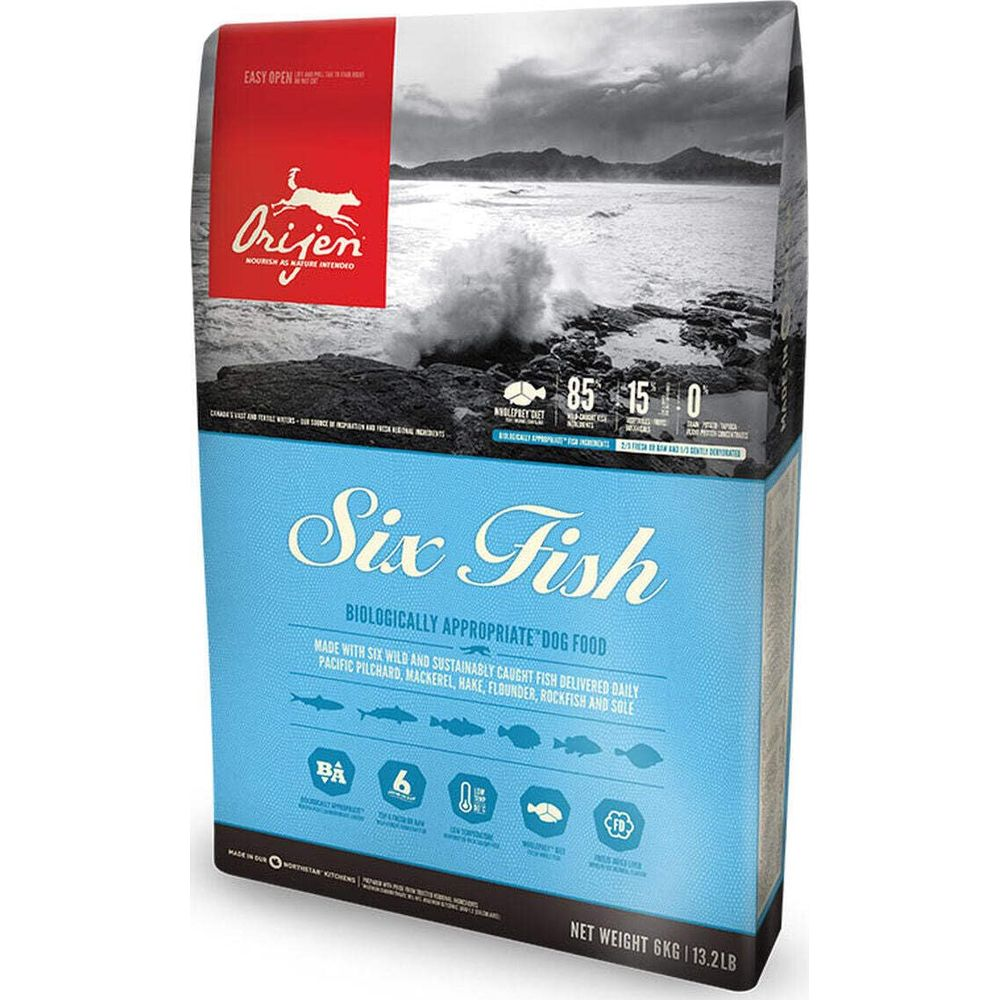 Torebka karmy dla psów Orijen Six Fish z grafiką ryb i informacjami o wartościach odżywczych.