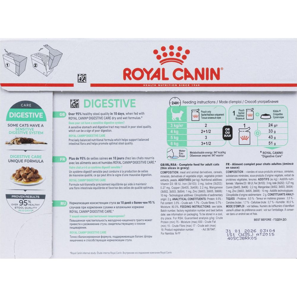 Envase de comida Royal Canin Digestive Care con información de ingredientes y alimentación.