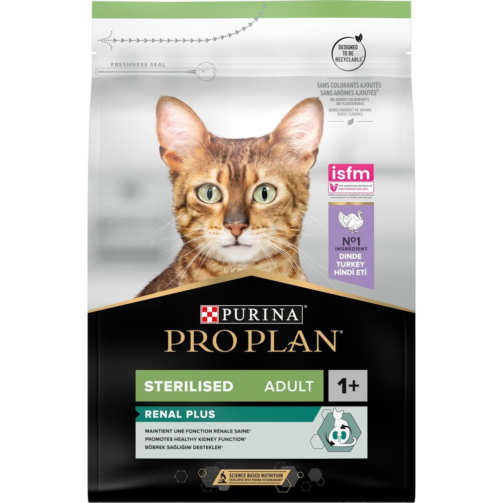 Bolsa de comida para gatos con retrato de gato, Purina Pro Plan Renal Plus.