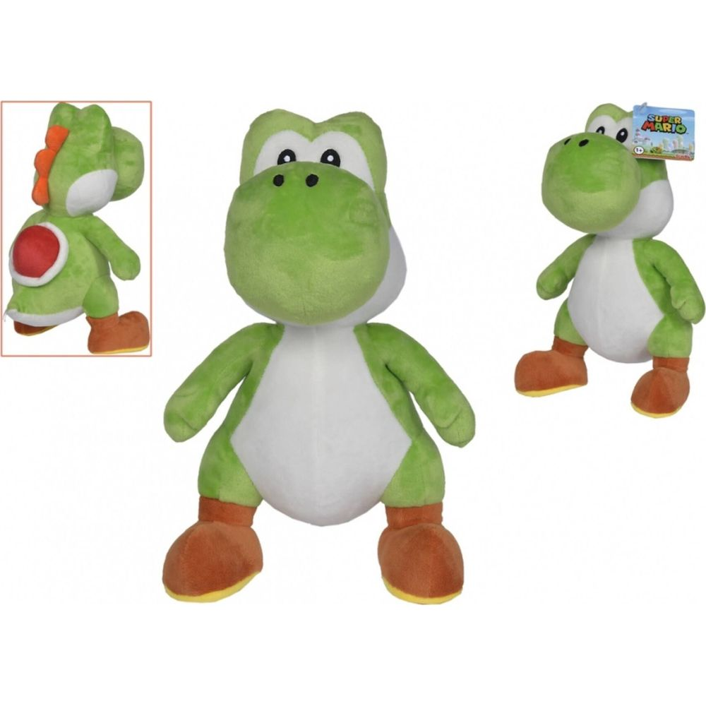 Peluche Yoshi verte avec ventre blanc et chaussures marron.