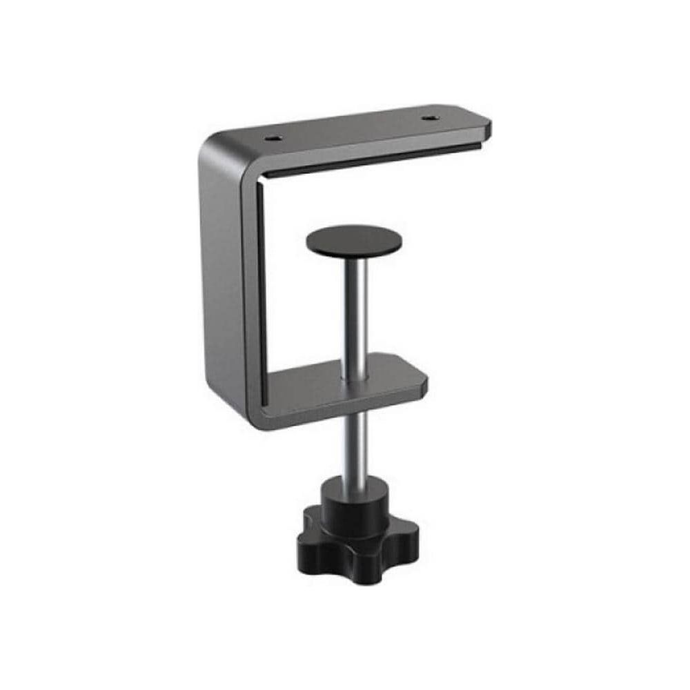 Un support de pince de bureau gris avec un bouton noir.