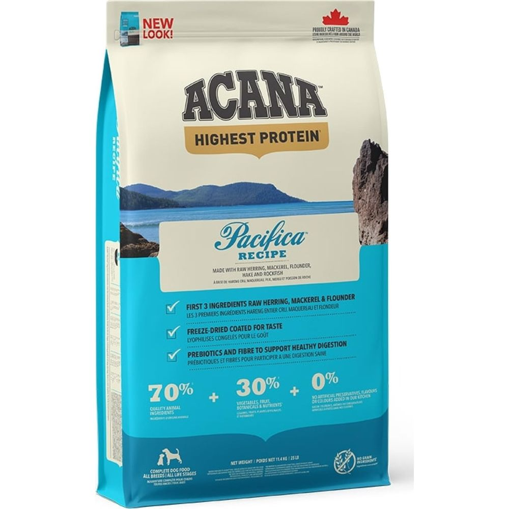 Torba karmy dla psów Acana Pacyfika: 70% ryby, 30% owoce, warzywa, składniki roślinne.