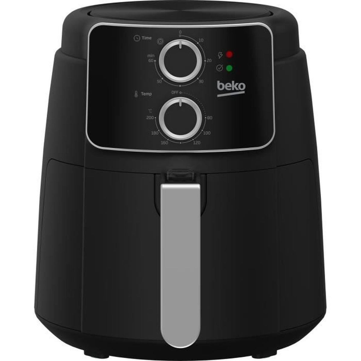 Czarna frytkownica beko z srebrnym uchwytem i pokrętłami czasu i temperatury.