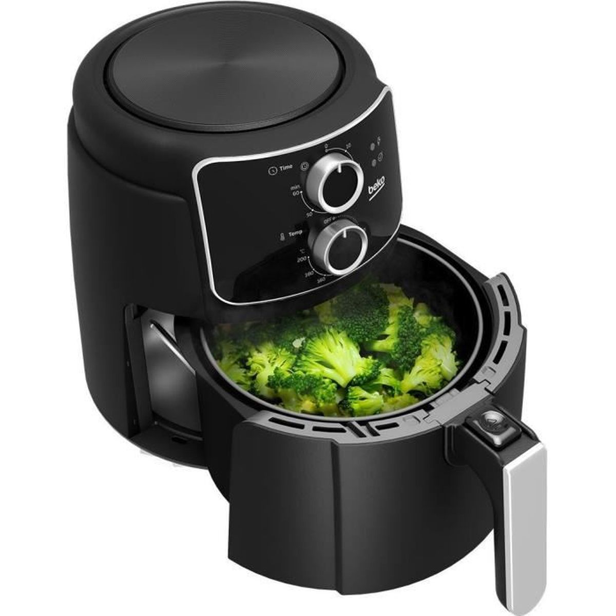 Czarna frytkownica beko z brokułami w koszyku, sterowanie na górze.
