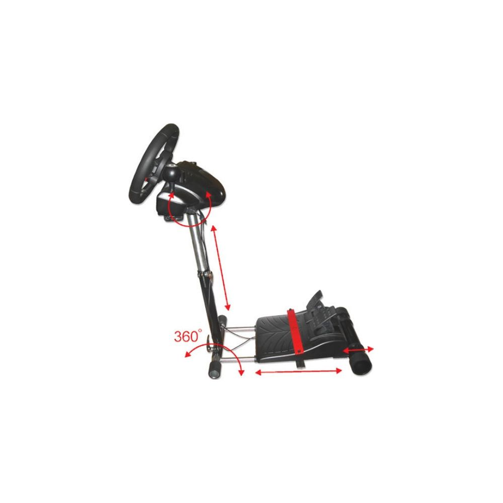 Ein Rennrad-Simulator mit Lenkrad, Pedalen und verstellbarem Ständer.