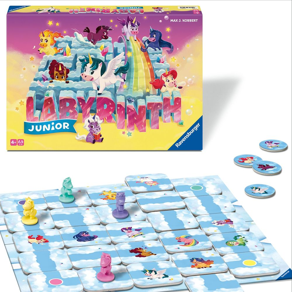 Scatola del gioco da tavolo Labyrinth Junior e tabellone con pedine e gettoni unicorno.