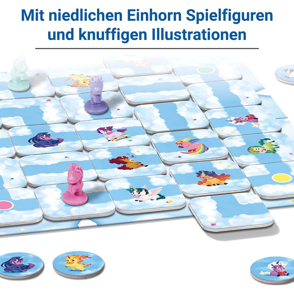 Tabellone da gioco con figure di unicorno e carte nuvola.