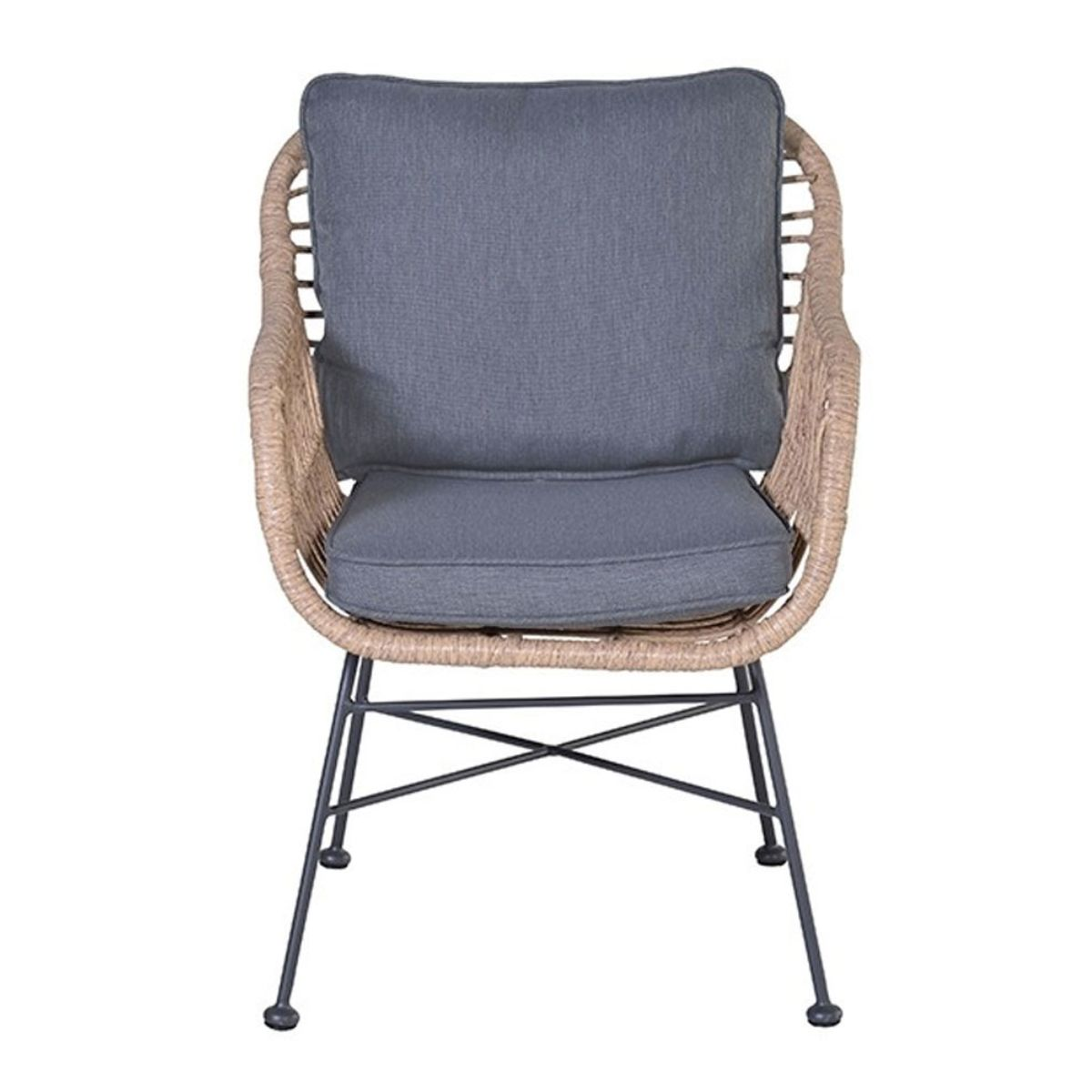 Woven chair with gray cushions and metal legs.