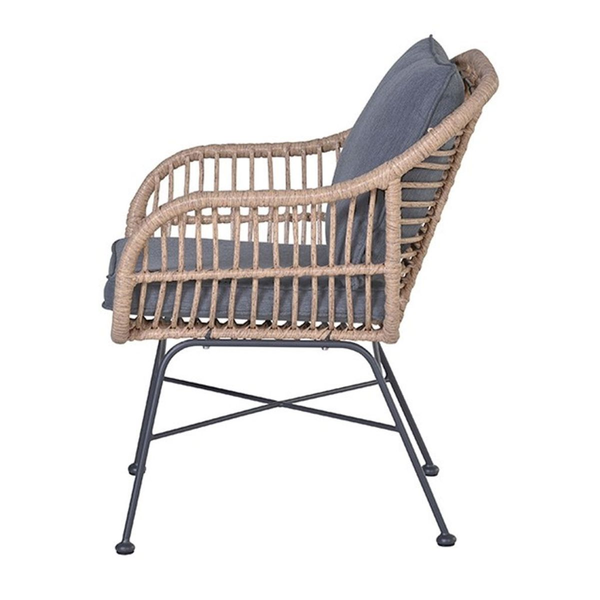 A brown rattan chair with gray cushions and dark metal legs.