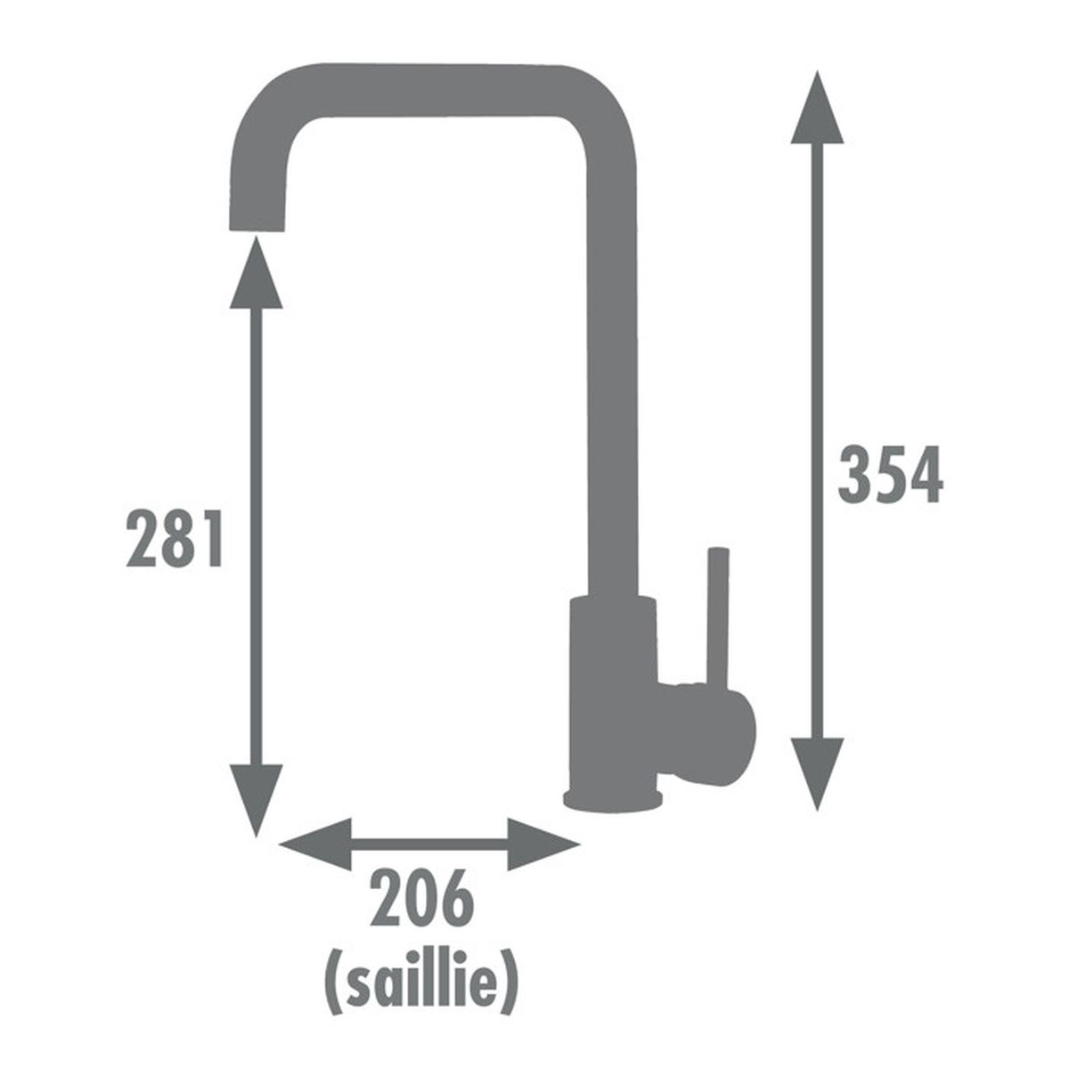Grauer Wasserhahn mit Maßen: Höhe 281 & 354, Ausladung 206.