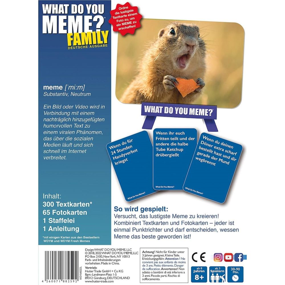 Een spel met een marmotkaart en tekstkaarten. Instructies en inhoud staan links.
