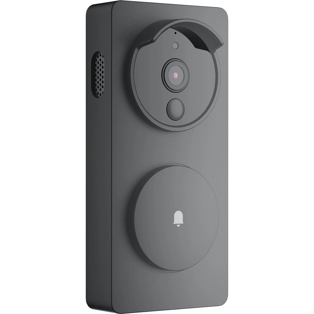Videocitofono grigio con telecamera e pulsante campanello.