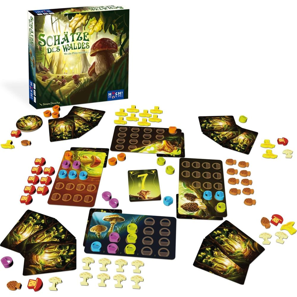 Brettspielkomponenten mit Pilzmotiven, Karten und Holzfiguren auf weißem Hintergrund.