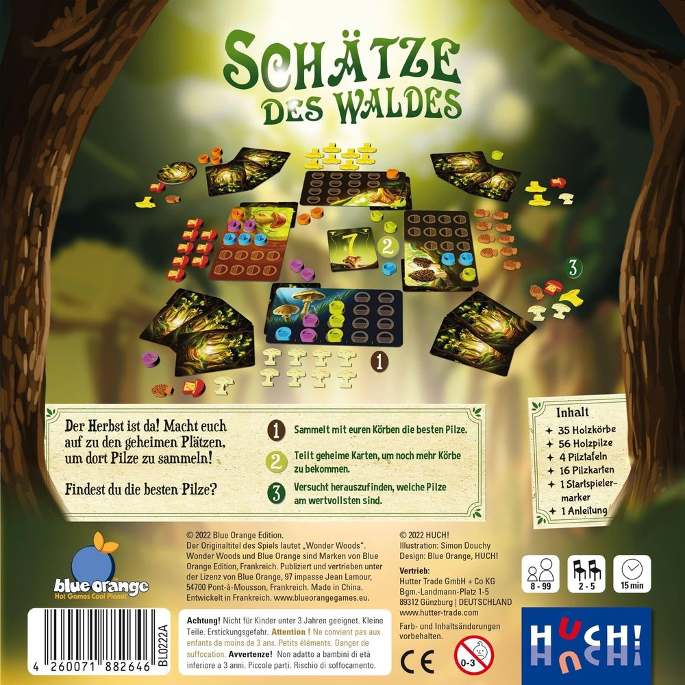 Spielbrett mit Pilzen, Körben und Karten. Titel 'Schätze des Waldes'.
