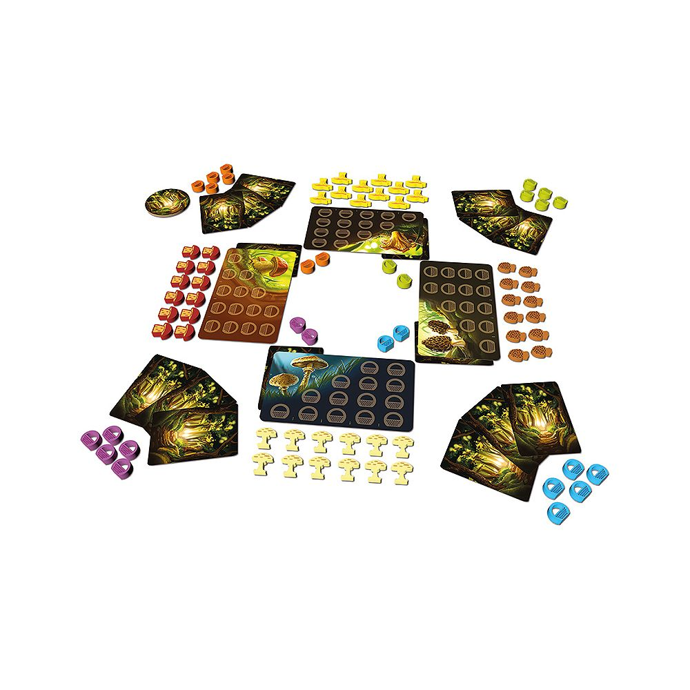 Brettspielkomponenten: Karten mit Waldmotiven, Pilz-Spielsteine, Würfel und Marker.