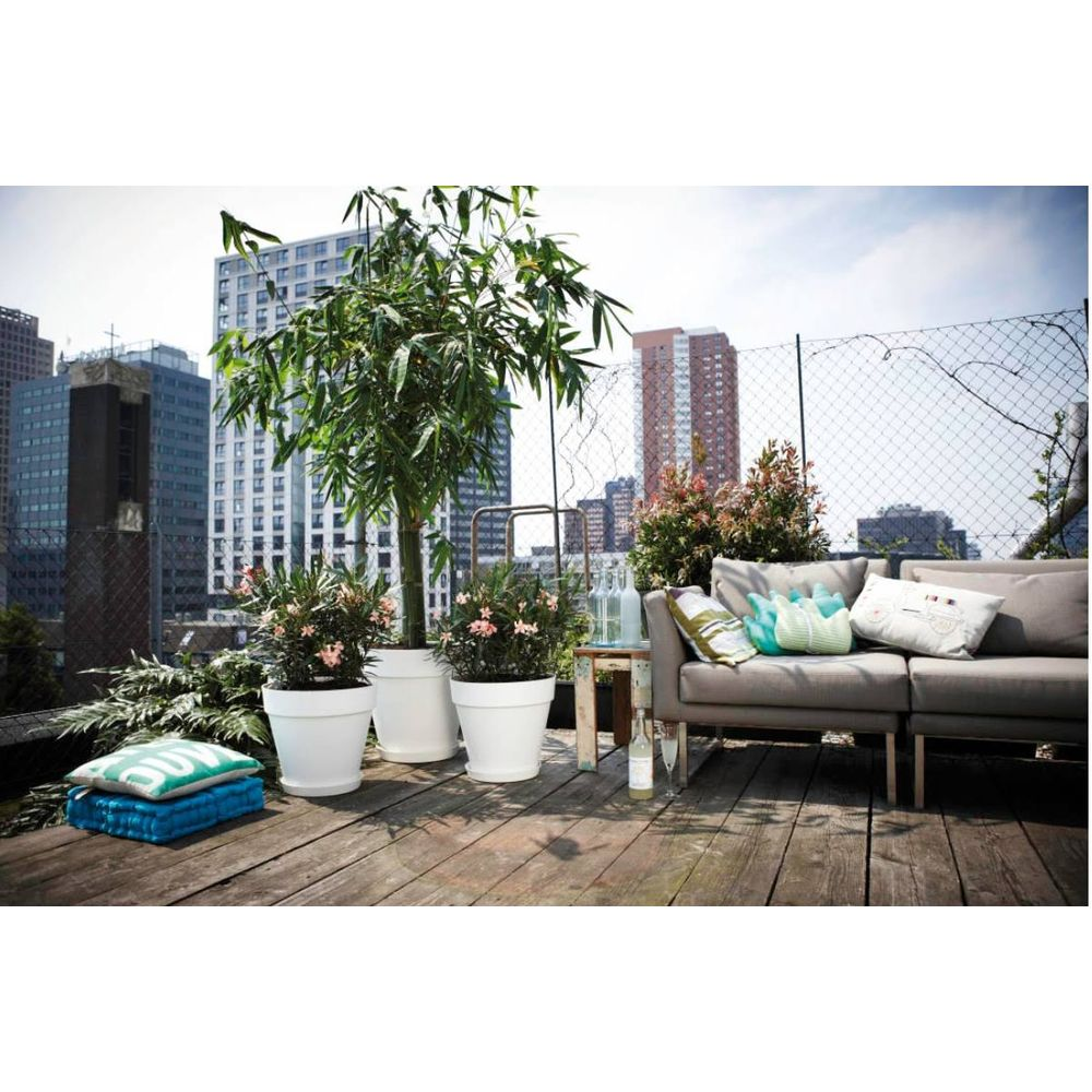 Taras z sofą, roślinami i widokiem na miasto.