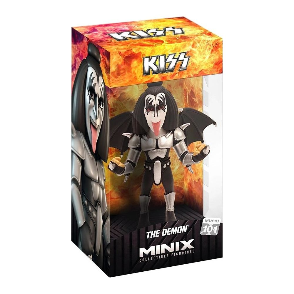 Action figure da collezione Minix 'The Demon' dei KISS in confezione con disegno fiamme.