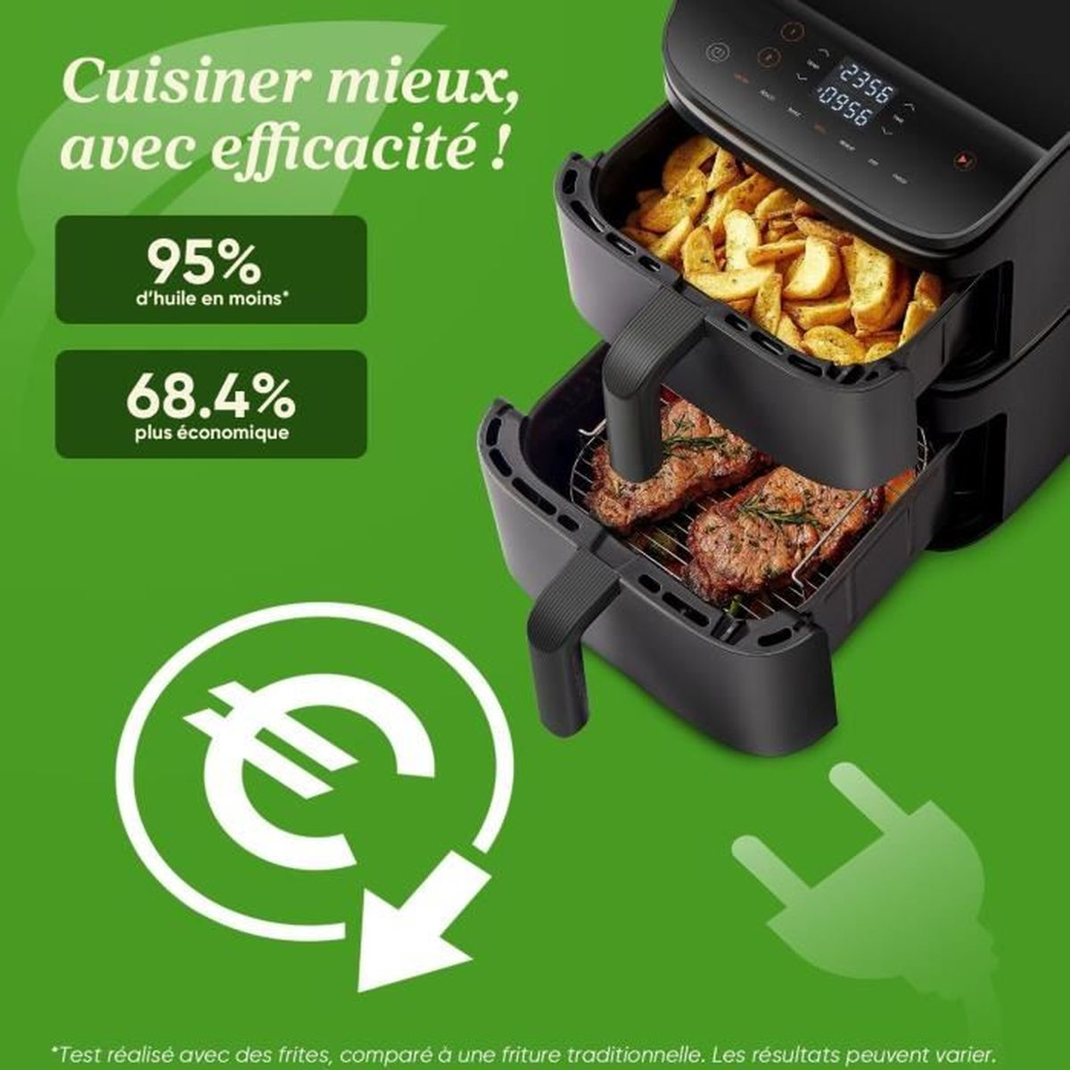 Dwupoziomowa frytkownica beztłuszczowa z frytkami i stekami, plus ikony oszczędności i wtyczki.