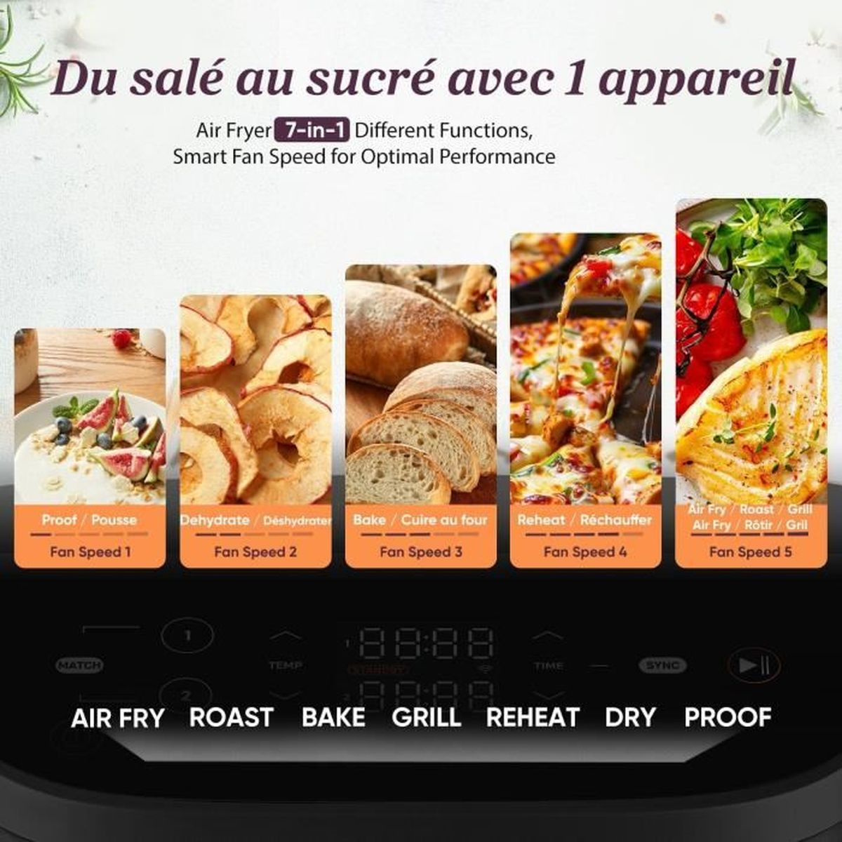 Frytkownica z 5 funkcjami: pokazano owoce, chleb, pizzę, ryby i sałatkę.