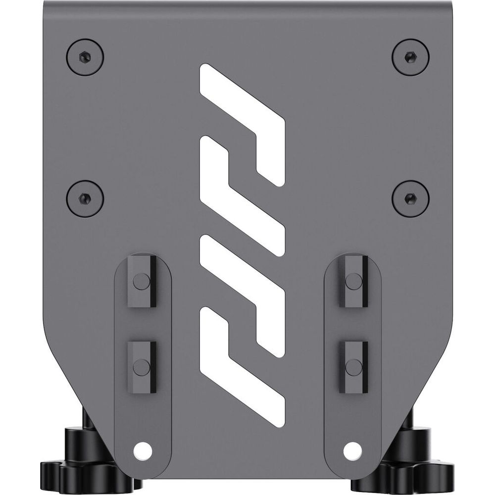 A gray metal bracket with white cutouts and black screws.