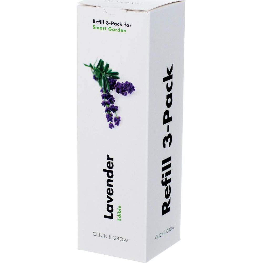 Een witte doos met lavendelafbeelding, met een 3-pack navulling voor Smart Garden.