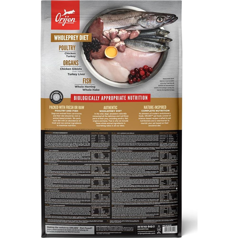 Torba karmy dla zwierząt Orijen, "Dieta Wholeprey" z drobiem, organami i rybami.