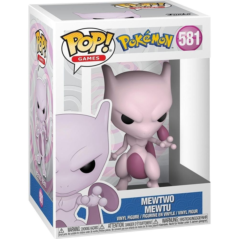 Różowa figurka winylowa Funko Pop Mewtwo w pudełku Pokémon.