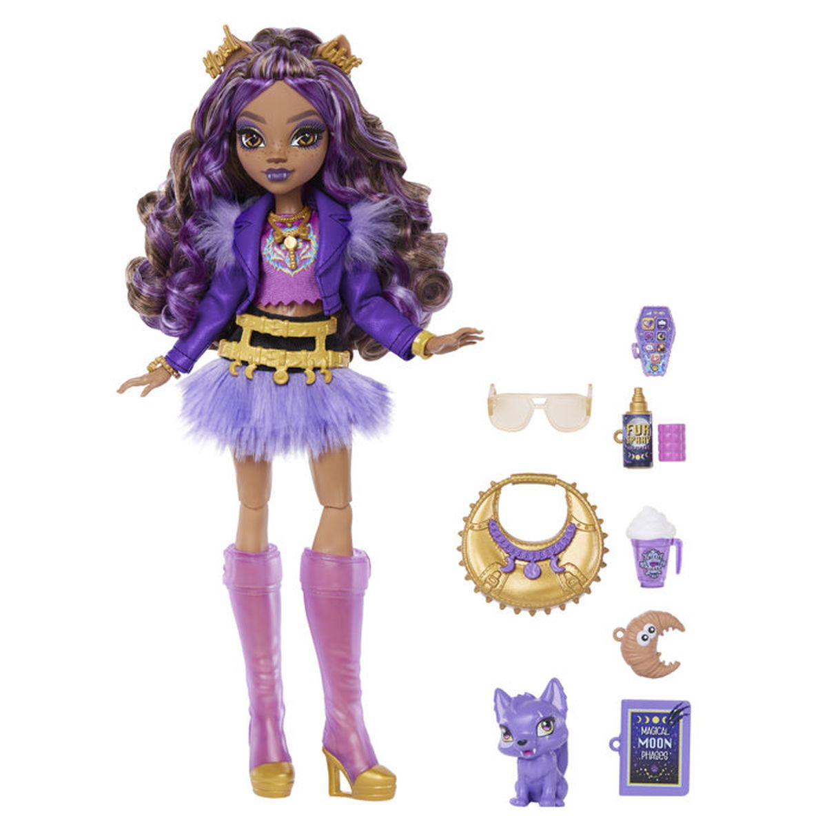 Eine Puppe mit lila Haaren und Outfit, dazu Accessoires wie eine Tasche und ein Wolf.