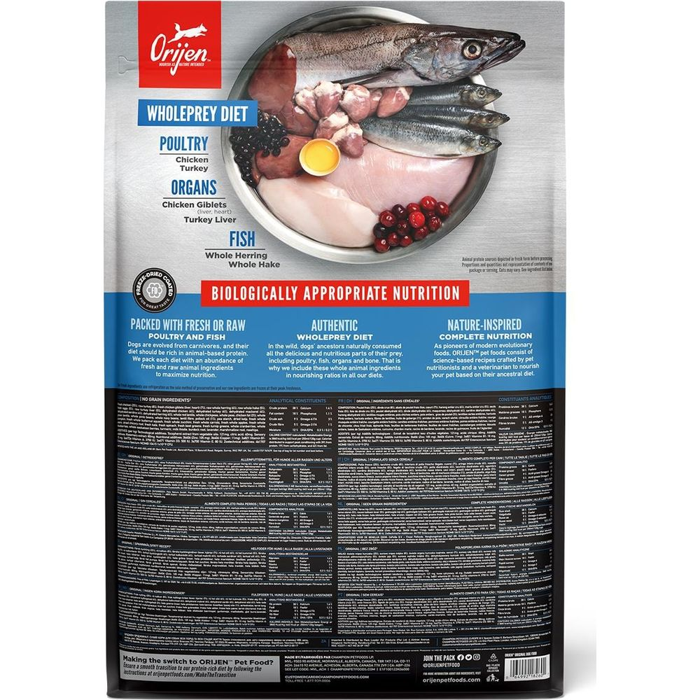 Paquete de comida para perros Orijen con ingredientes crudos de ave, pescado y órganos.