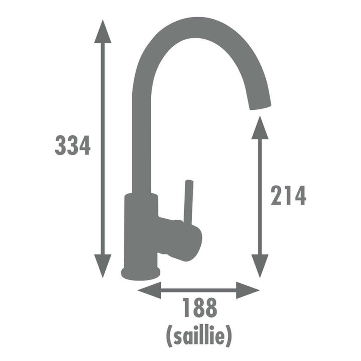 Silhouette grigia di un rubinetto con dimensioni: 334 H, 214 H, 188 L.