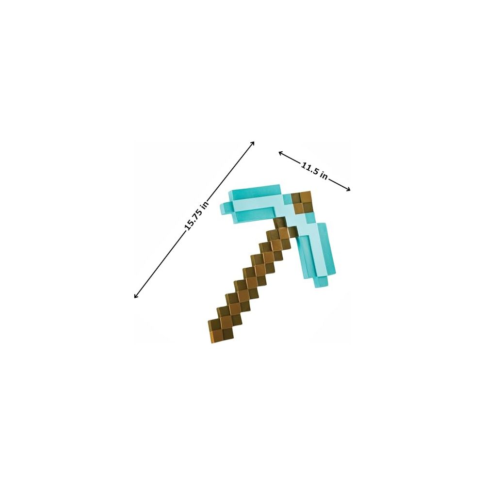 Pixelige Spitzhacke mit tealem Kopf und braunem Griff. Maße gezeigt.