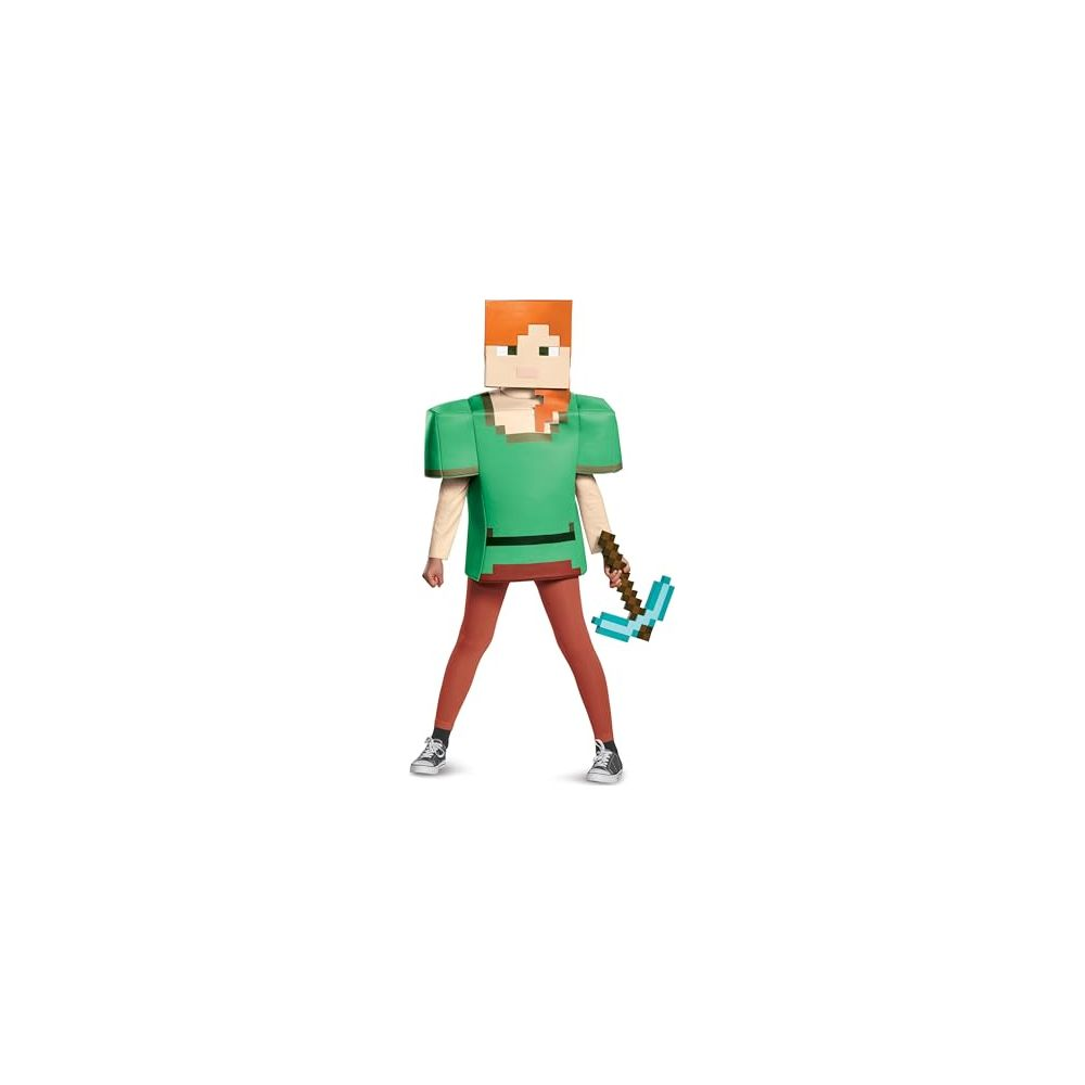 Person in Minecraft Alex Kostüm mit Spitzhacke.