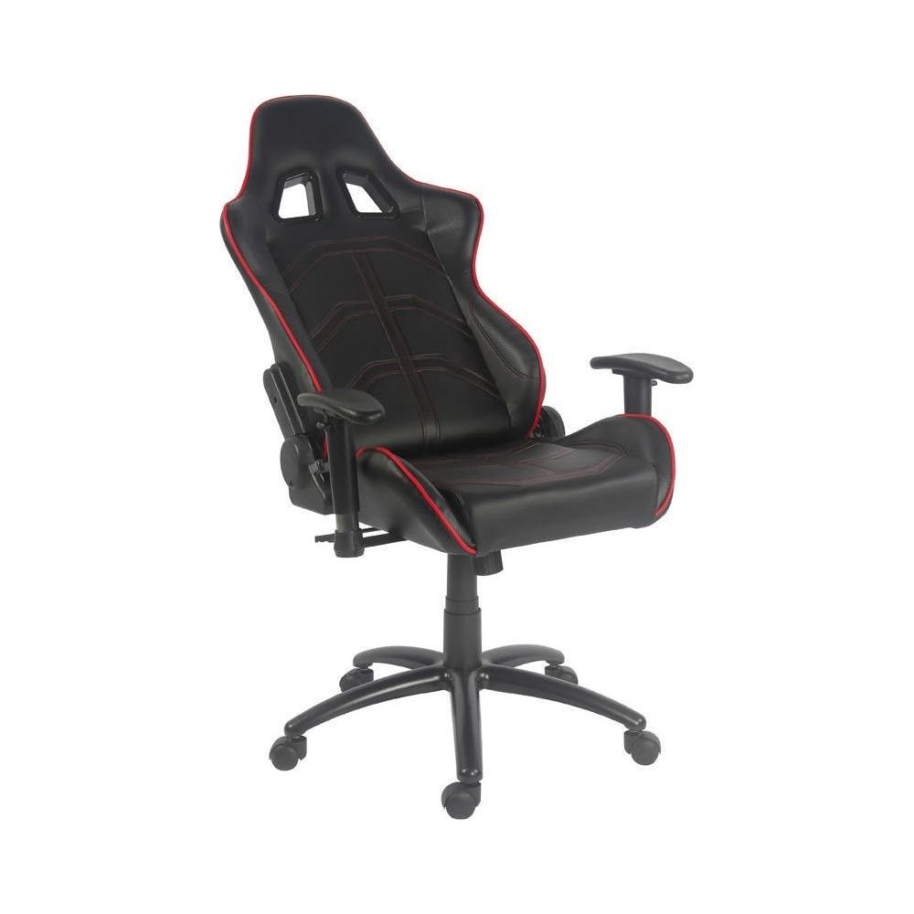 Sedia da gaming nera con profili rossi e cinque ruote.
