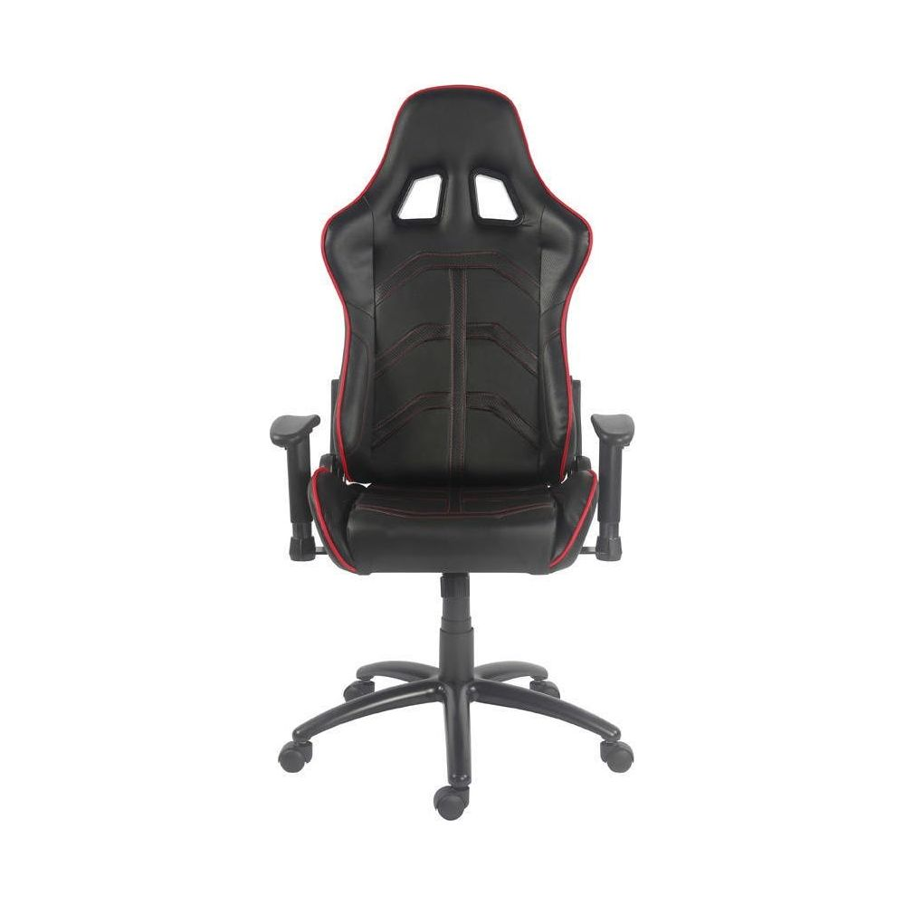 Sedia da gaming nera con accenti rossi e ruote.