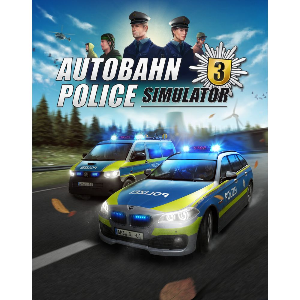 Autobahnpolizei-Simulator 3: Zwei Polizeiautos auf einer Straße, Polizisten, Hubschrauber.