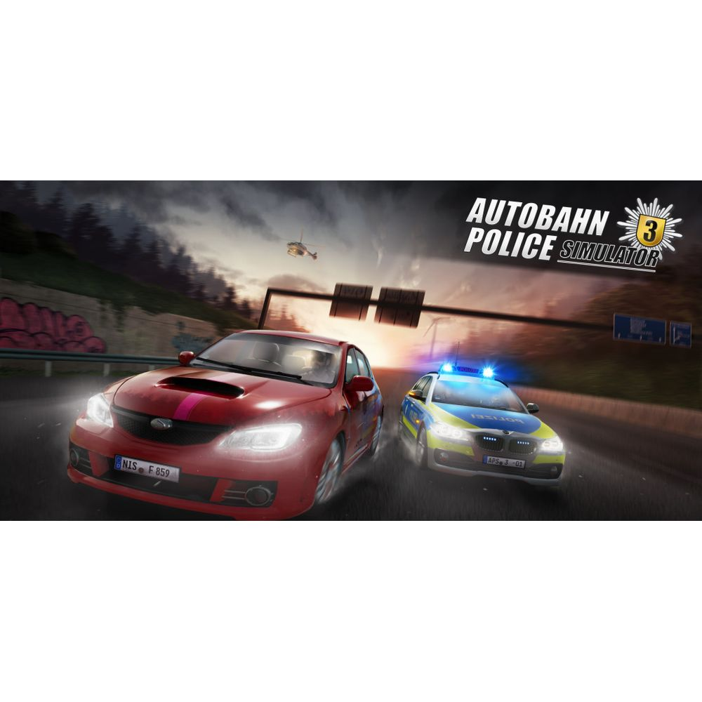 Ein rotes Auto und ein Polizeiauto fahren auf einer Autobahn. Ein Hubschrauber fliegt.