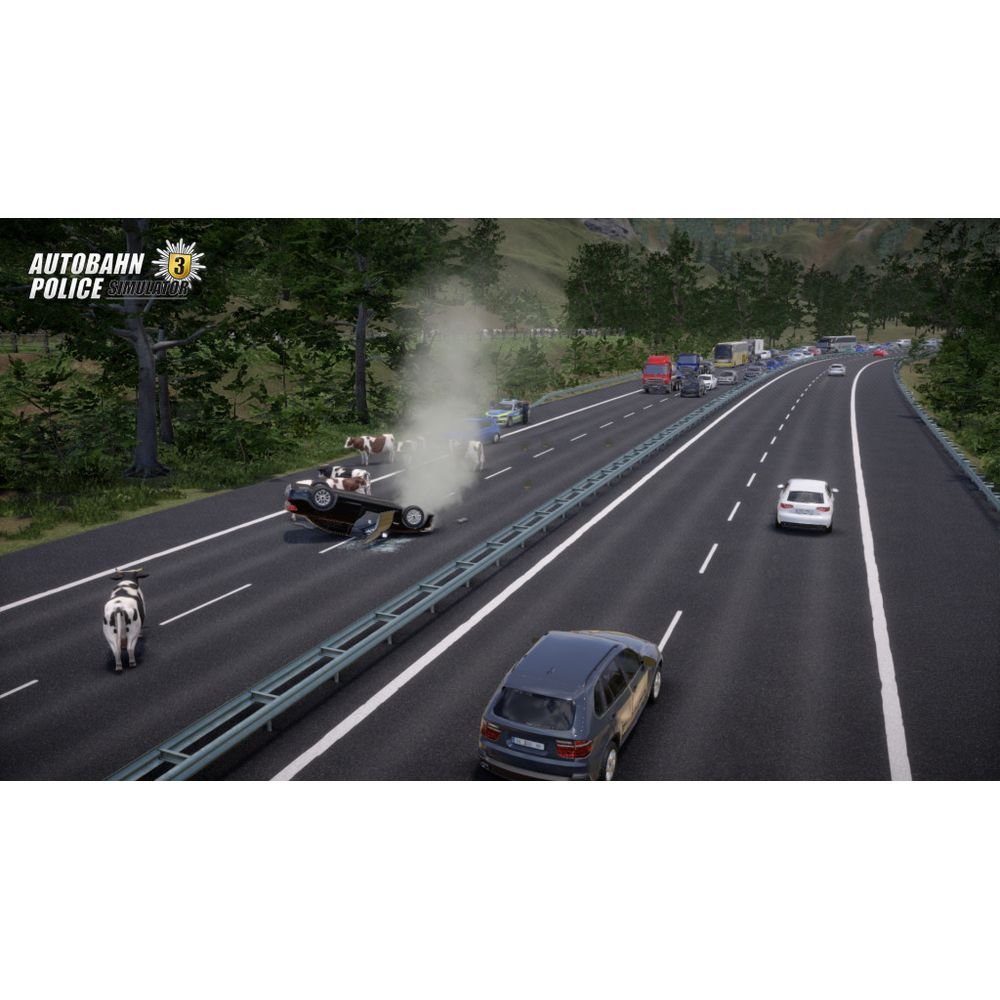 Unfall auf der Autobahn mit einem umgekippten Auto, Kühen und Rauch.