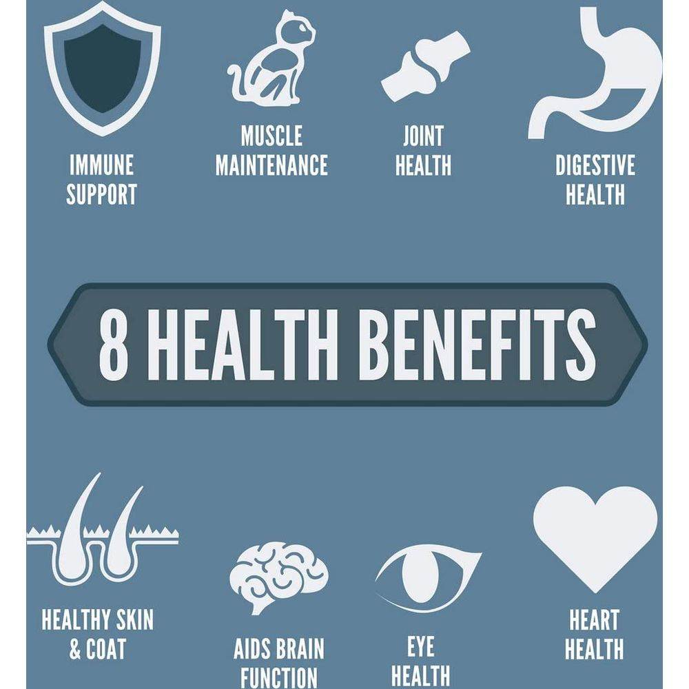 Grafika przedstawiająca 8 korzyści zdrowotnych dla zwierząt: Odporność, Mięśnie, Stawy, Trawienie.