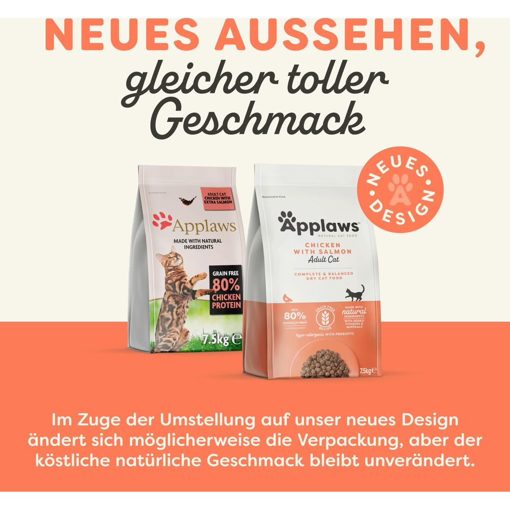 Dwie torby karmy dla kotów Applaws, jedna z kurczakiem, druga z kurczakiem i łososiem.