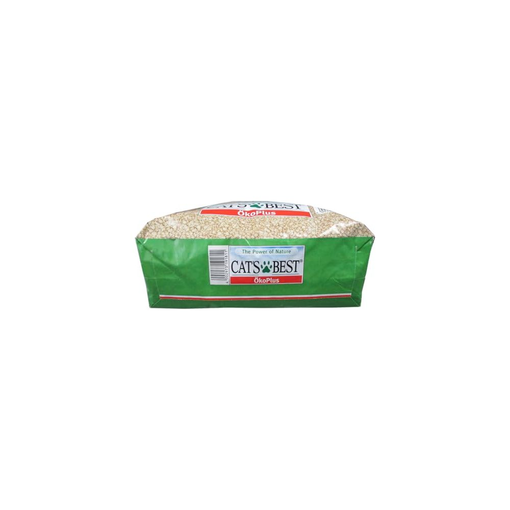 Una borsa di lettiera per gatti con etichetta "CATS BEST ÖkoPlus" su sfondo verde.