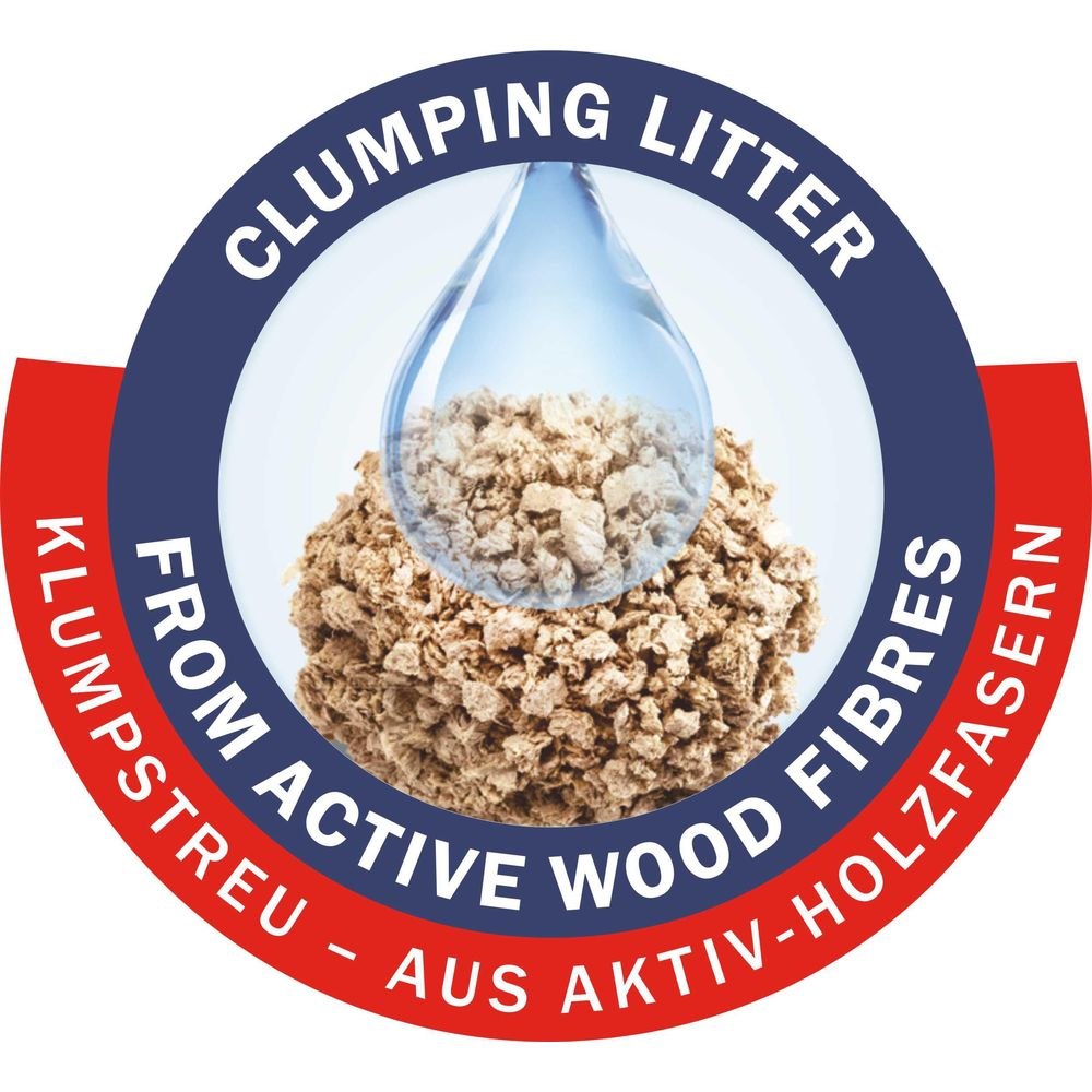 Lettiera agglomerante da fibre di legno attive, goccia d'acqua su fibre.