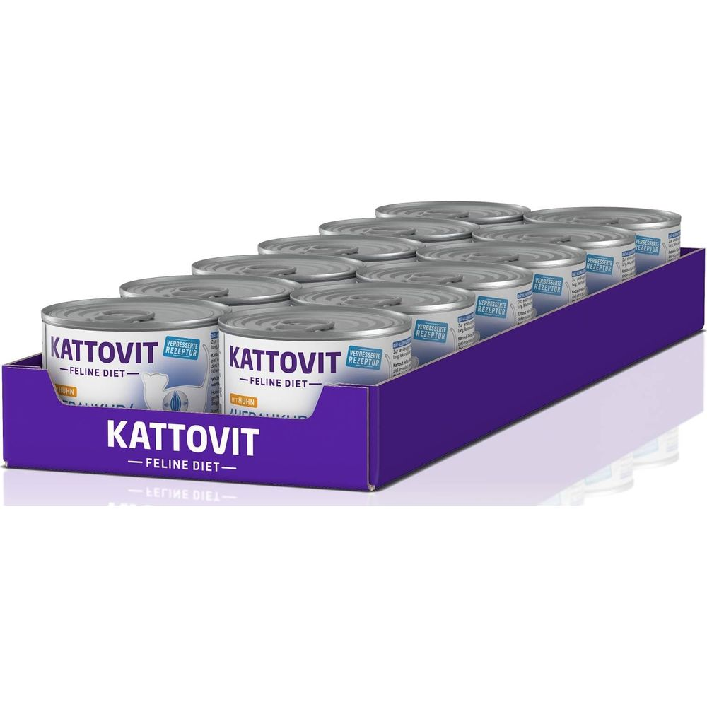 Pudełko 12 puszek karmy dla kotów Kattovit, nadziewane kurczakiem.