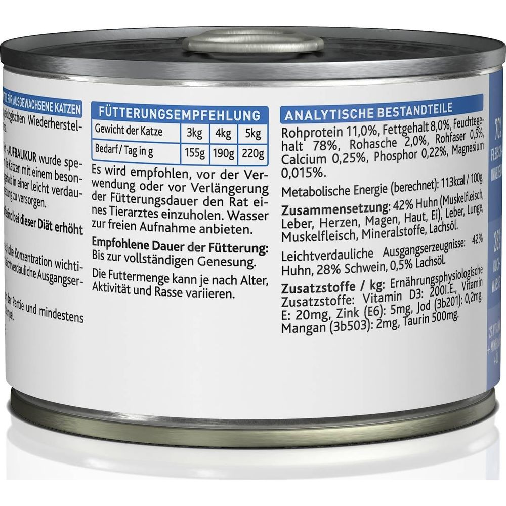 Puszka karmy dla kota. Zawiera zalecenia żywieniowe i składniki analityczne.