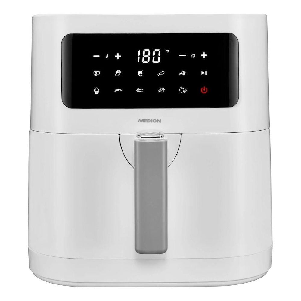Biała frytkownica beztłuszczowa z cyfrowym wyświetlaczem 180°C.